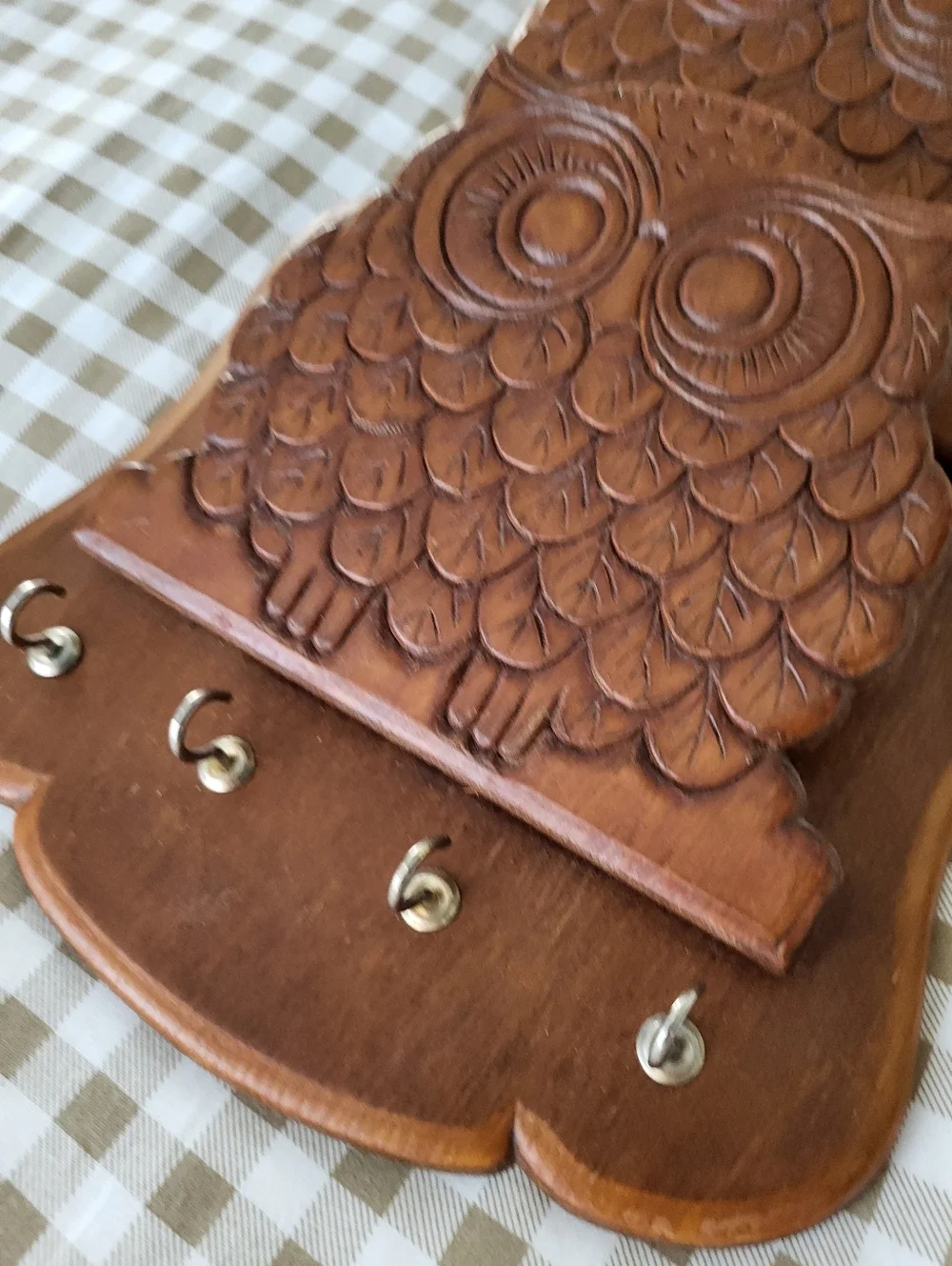 Vintage Mid-Century Modern Wooden Owl Letter Holder Featuring Three Carved Owls